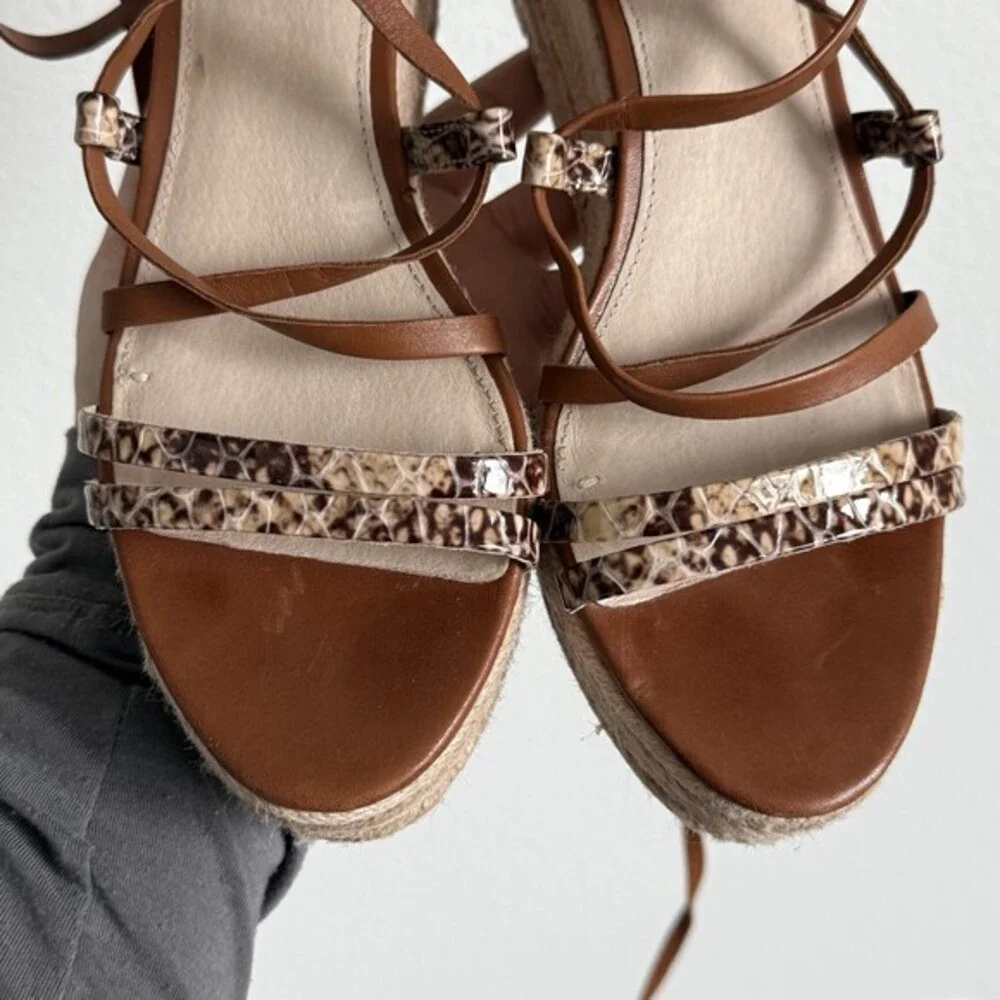 Louise et Cie Espadrille Wedge Sandals Brown Snake Print Lace Up Boho Strappy